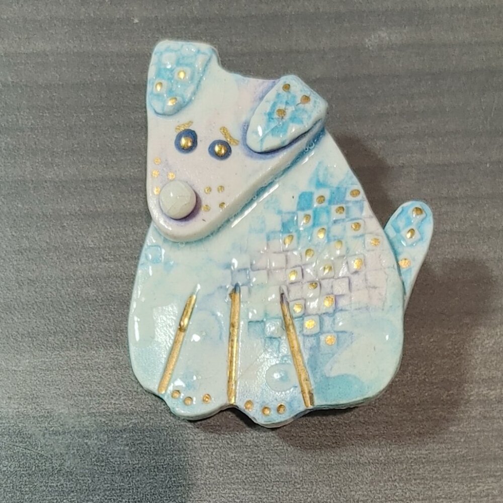 RARE Whimsical Puppy Dog Ceramic Pin Brooch
